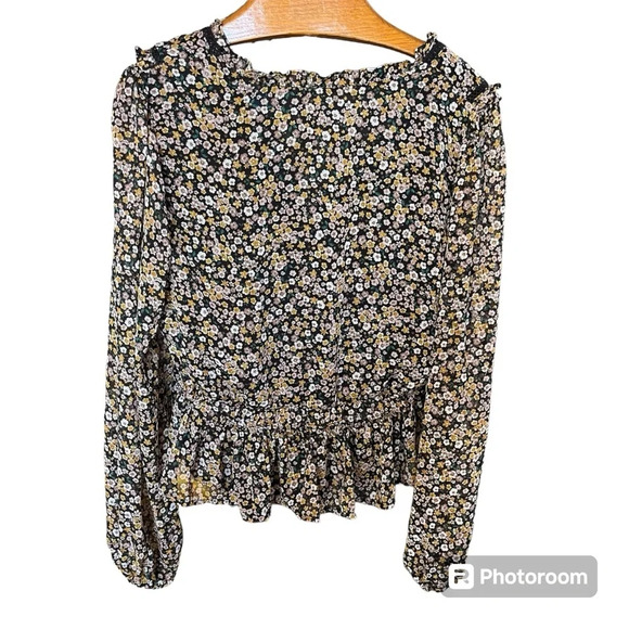 ASTR THE LABEL ~ Ximena Dark Ditsy Floral Faux Wrap Peplum Top in Black Mustard - Picture 3 of 13